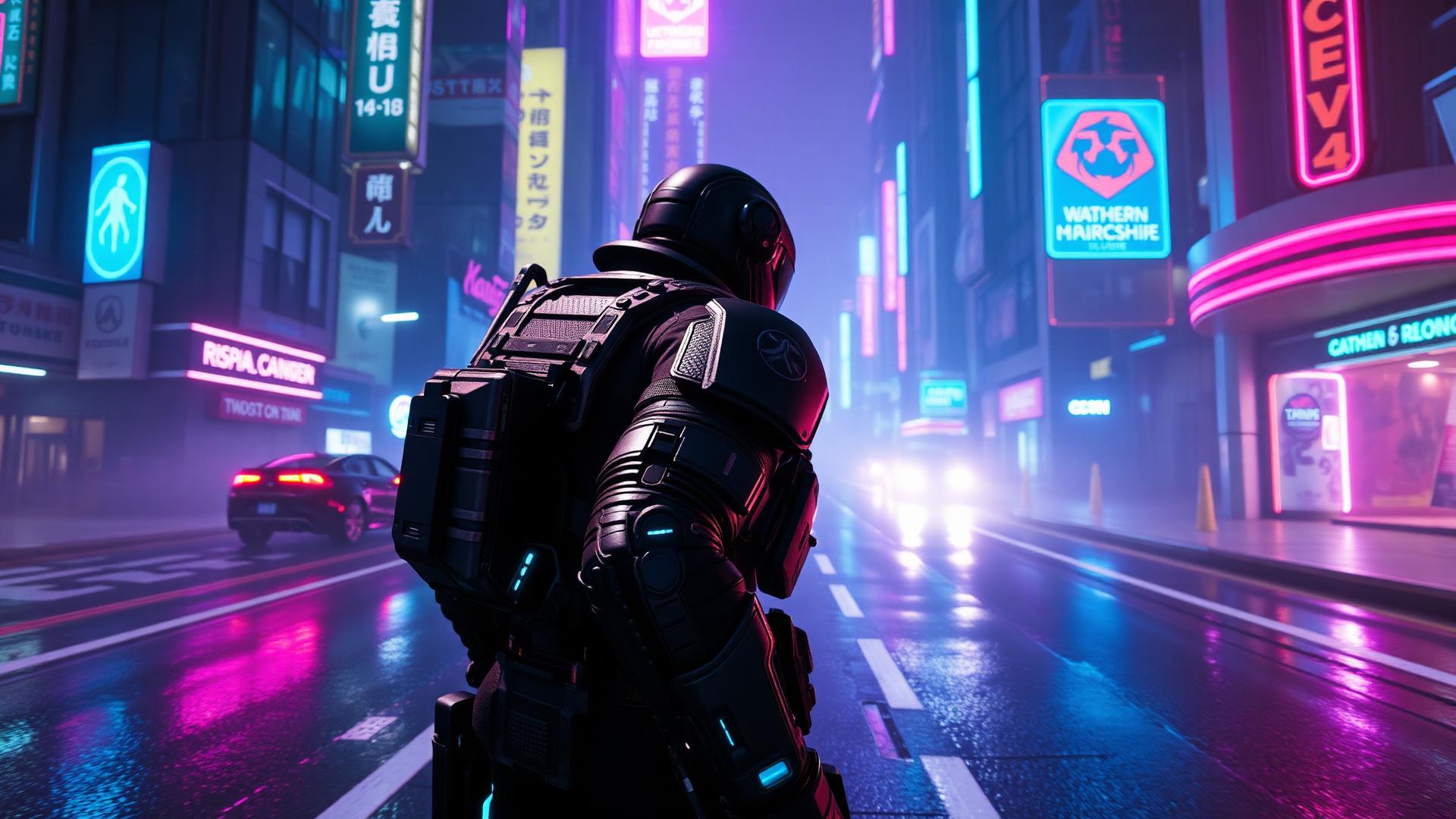 Armored operative walking through a neon-drenched cyberpunk street at night